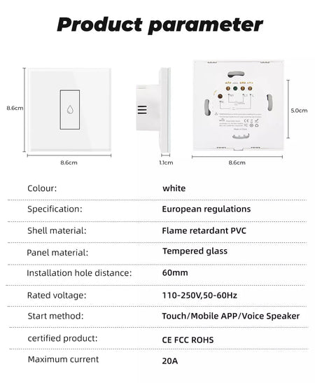 40A Tuya Smart Touch Wall WiFi Boiler Smart Water Heater Switch. Remote Voice Timer Google Home Alexa. (Apple/Android) Colour White. Cyprus.