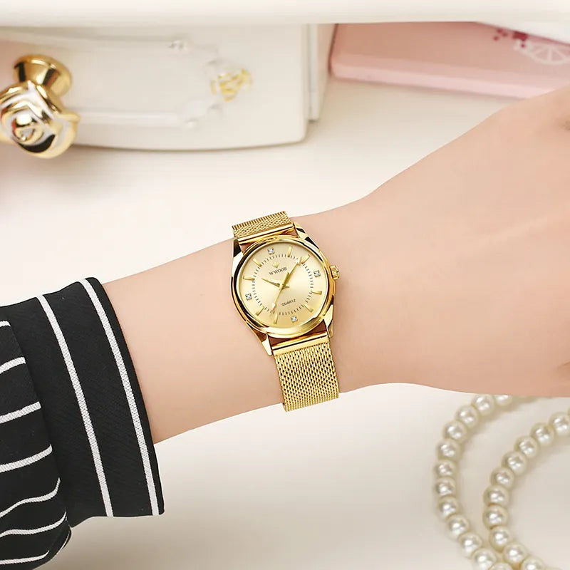 🟠 WWOOR Luxury Brand Dress Gold Watch Ladies Elegant Diamond Small Quartz Wrist Watches For Women Steel Mesh Clock zegarek damski