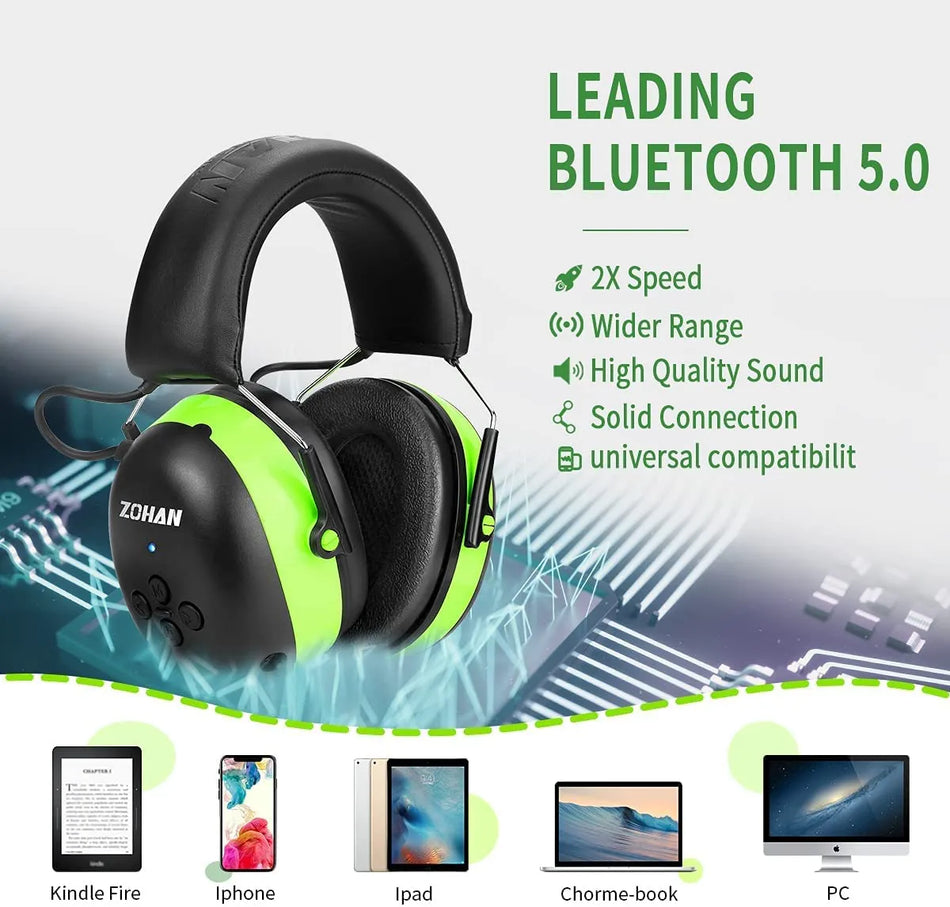 🟠 ZOHAN Hearing Protection Bluetooth headphone Earmuffs 5.0 Headphones Safety Noise Reduction 25dB NRR Protector for Mowing Music