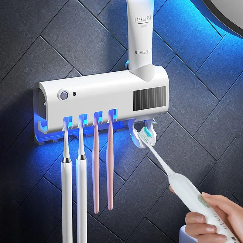 🟠 Solar Energy UV Toothbrush Holder Wall-mount AutomaticToothpaste Dispenser Ultraviolet Disinfection Toothbrush Bathroom Storage