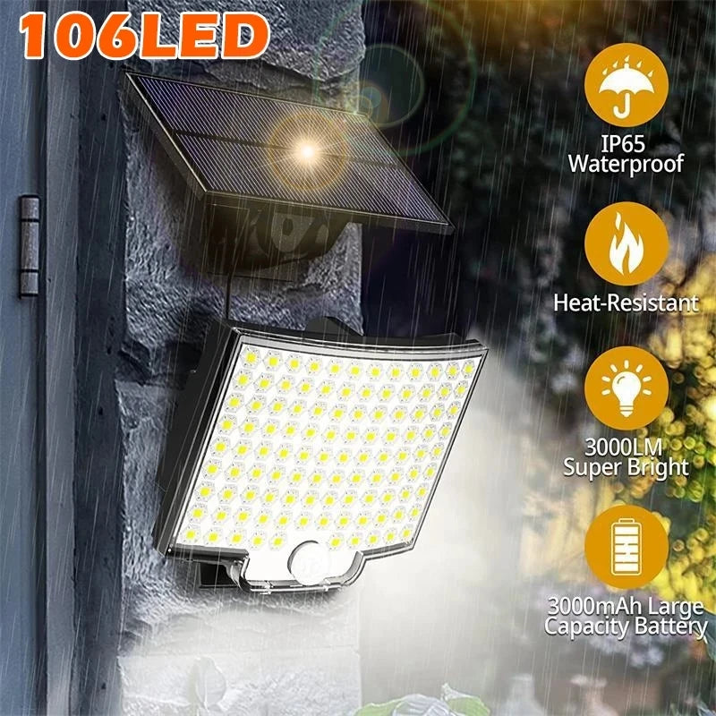 🟠 106LED Outdoor Solar Light with Motion Sensor Floodlight Remote Control IP65 Waterproof for Patio Garage Security Wall Light