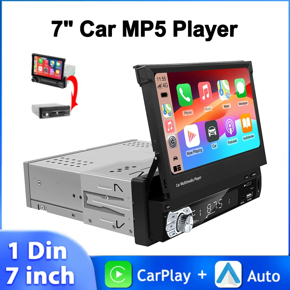 1 DIN Autoradio 7 Inch Aanraakscherm Met Wireless Carplay & Android Auto - Verstelbare Hoek