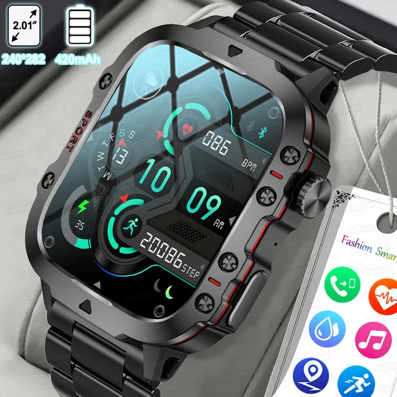 🟠 Rugged Military Black Smart Watch 2.01 Inch Screen Bluetooth Call Voice Assistant Watches Sports Fitness Waterproof Smartwatch