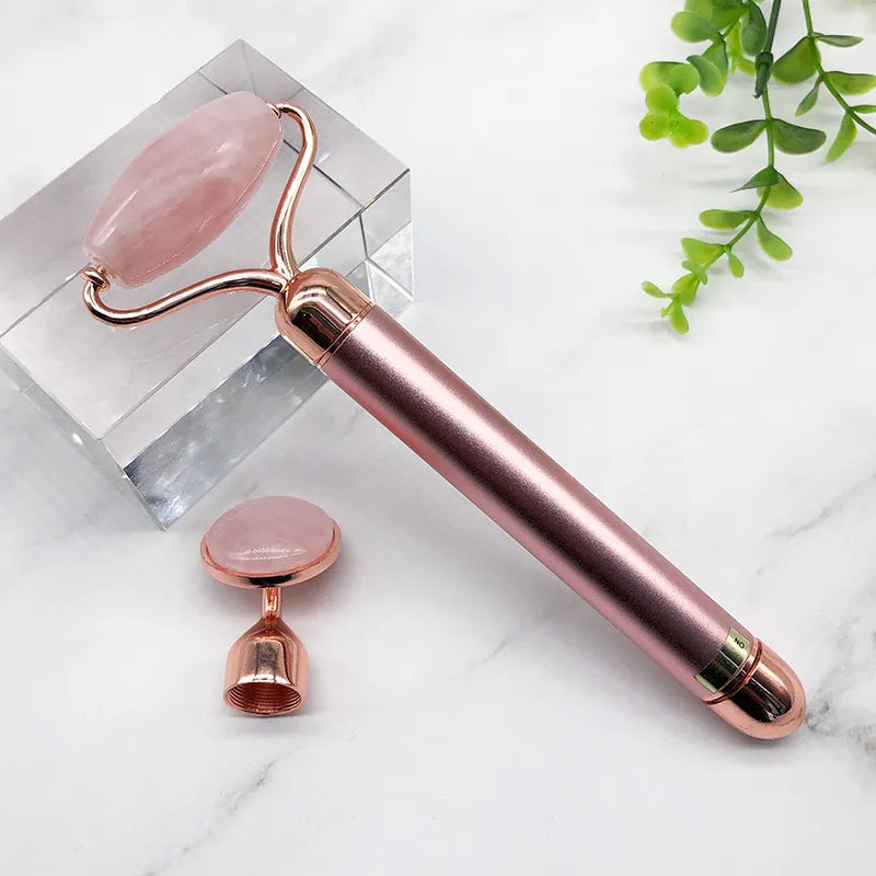 🟠 2 In 1 Electric Jade Roller Face Massage Lifting Vibrating Natural Rose Quartz Crystal Jade Roller Stone Slim Face Beauty Tool