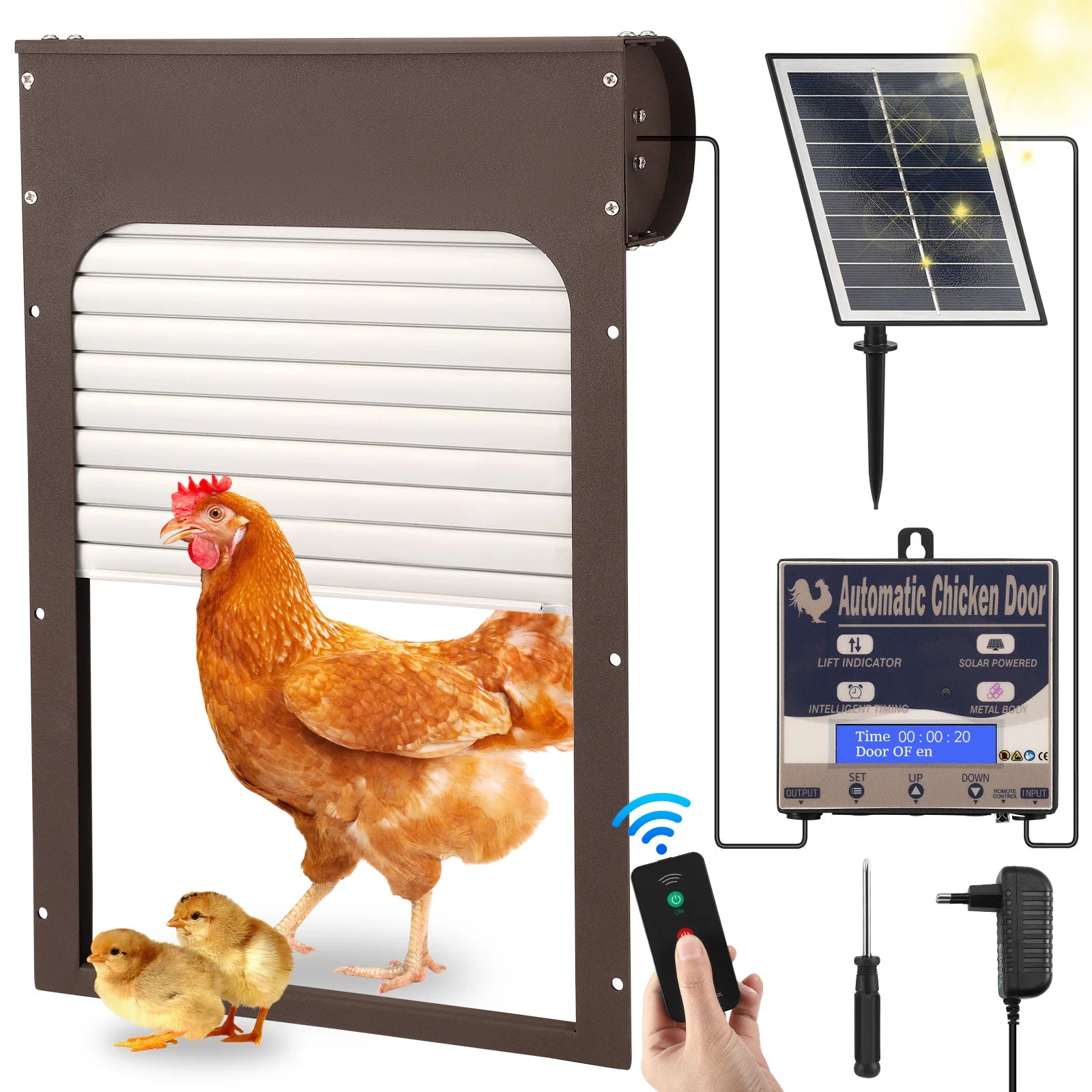Royal Gardineer Solar-Akku-Hühnerklappe – Automatisch, Mit Display & Fernbedienung, Für Hühner Bis 24cm, IP45