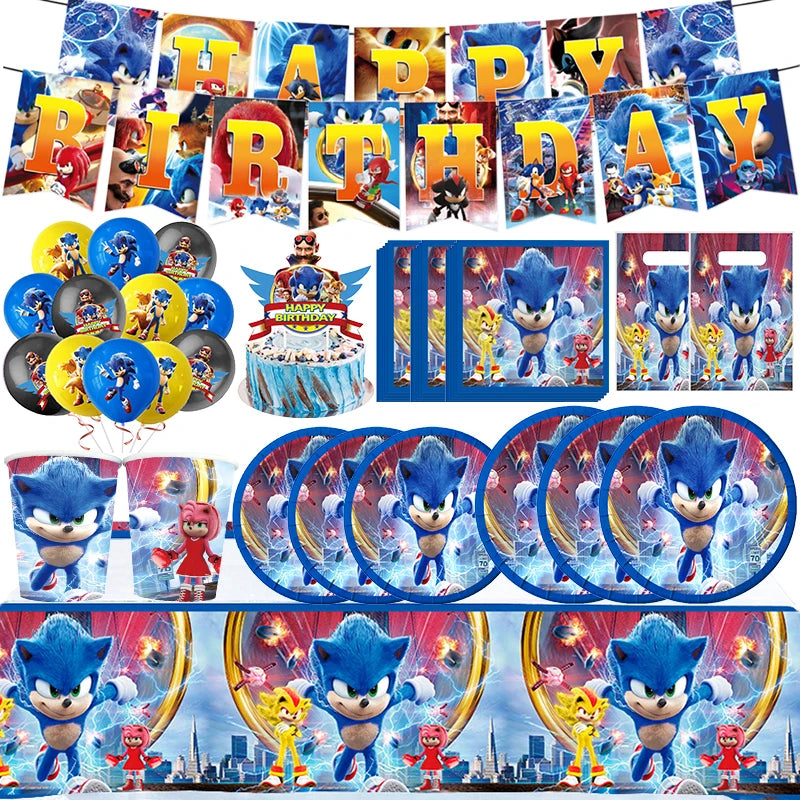 Kit Sonic Party Supplies Boys Birthday Party Paper Tableware Set Paper Plate Cup Napkins Baby Shower Decorations Sonic Gift Bags