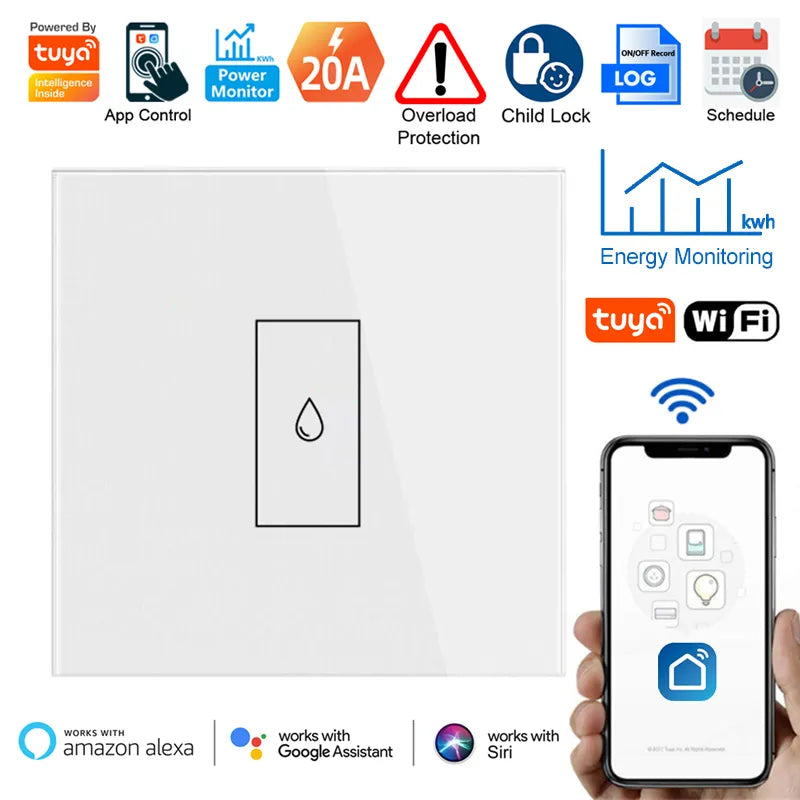 Tuya 20A EU WiFi Boiler Water Heater Switch Timer Power Monitor Overload Protection Smart Life App Remote Control Work with Alex