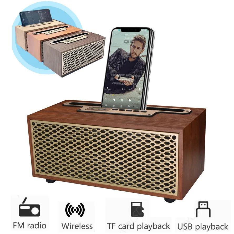 FM Vintage Wood Grain Bluetooth Speaker TWS Wireless Subwoofer Outdoor Portable Radio Gift Stereo Mobile Phone Stand Speaker