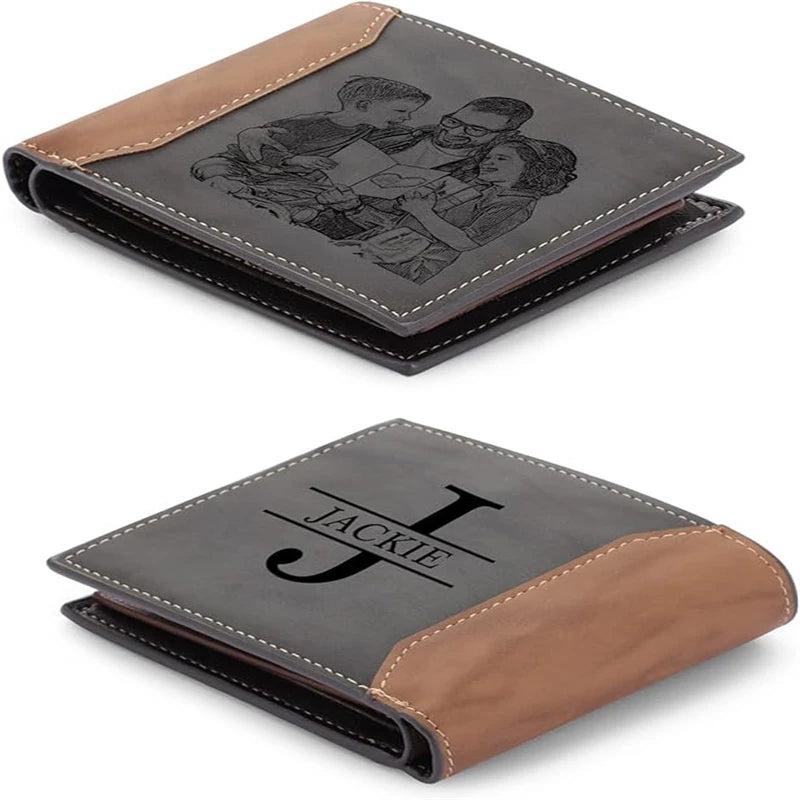Personalized Men's Bifold Wallet With Photo Engraving - Custom Zipper Wallet, PU Leather (Brown) - View #3