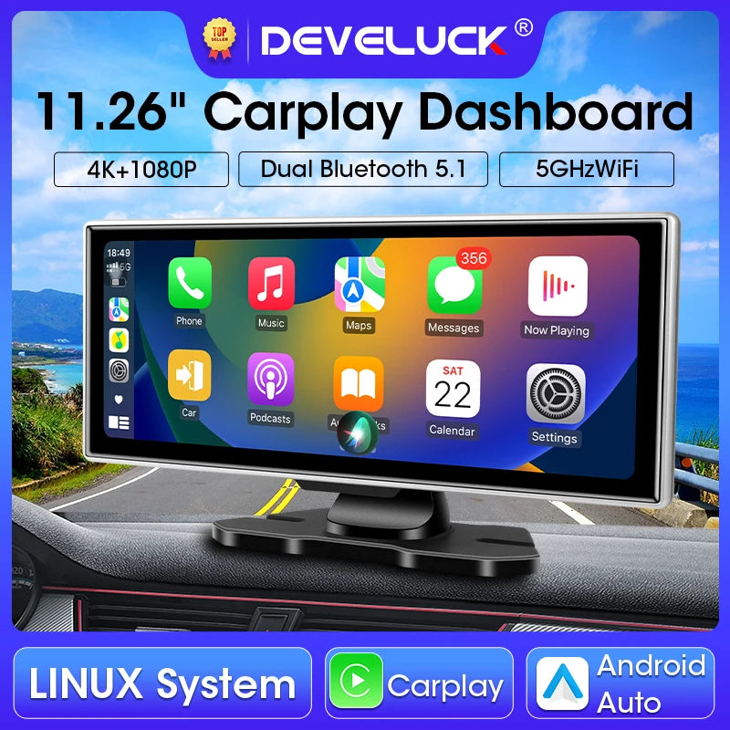 11.26 inch Car DVR 4K Dash Cam Dual Lens Wireless Carplay