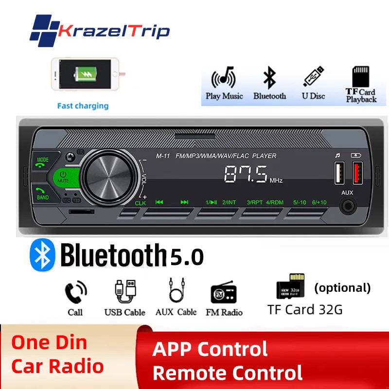 Universal Car Radio One Din 12V Bluetooth Autoradio Stereo MP3 Audio Player in Dash AUX/FM/USB/BT Support Voice Assistant