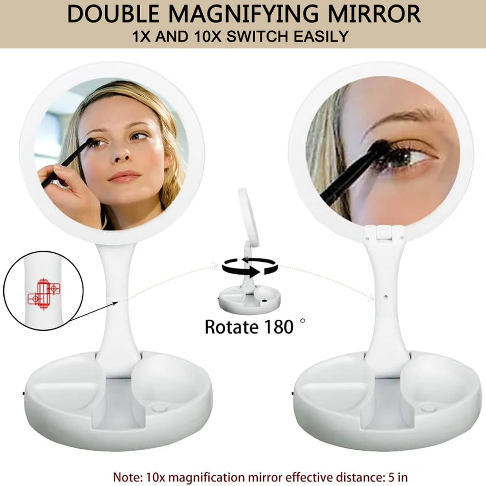 LED Foldable Makeup Mirror With Light 10X Magnifying Dual Purpose Double-Sided Mirror USB Charging Or Battery Powered