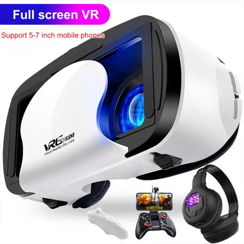 3D VR Smart Glasses Headset Virtual Reality Helmet Smartphone Full Screen Vision Wide Angle Lens with Controller Headset 7 Inch