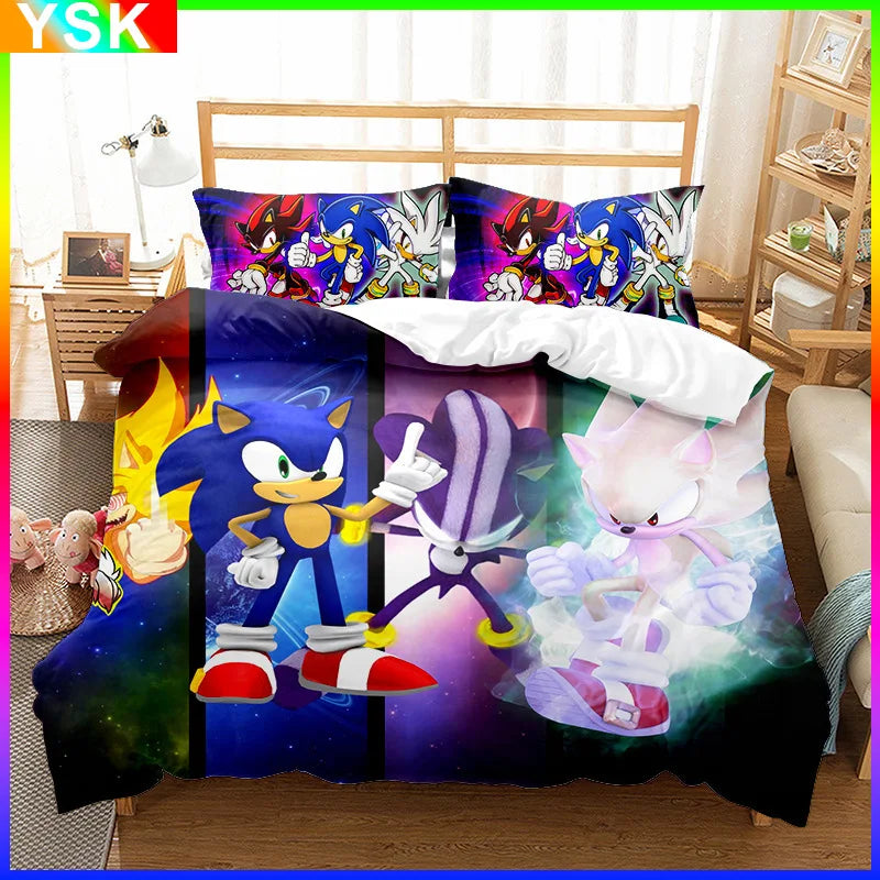 Sonic Cartoon Bed Sheet Quilt Cover European and American Animation Fashion Quilt Cover Pillowcase Warm and Comfortable