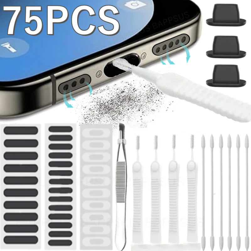🟠 Universal Mobile Phone Speaker Dust Plug Mesh Sticker for iPhone 15 14 Pro Samsung Mi Charging Port Protector Cleaning Brush Kit