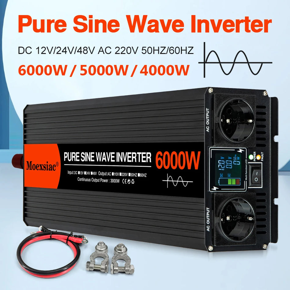 🟠 Moexsiac Pure Sine Wave Solar Inverter 4000W 5000W 6000W Double EU Socket DC 12V 24V 48V To AC 220V 50Hz 60Hz Voltage Converters