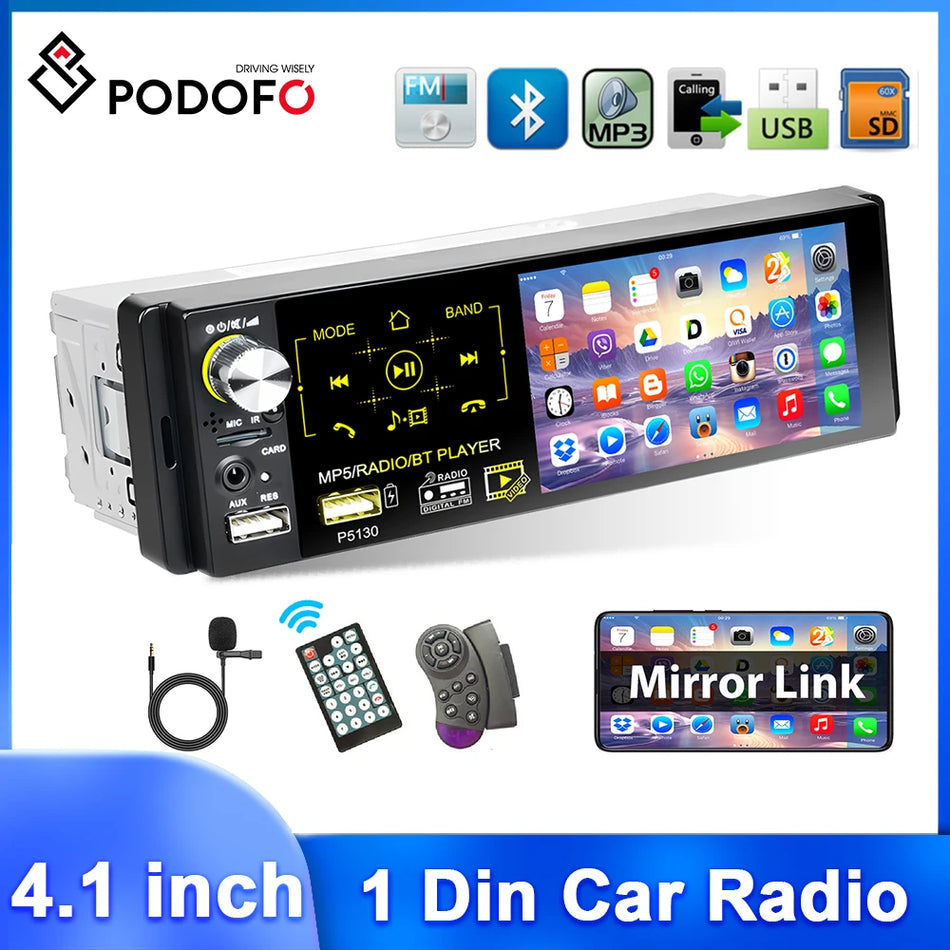 Podofo 1Din RDS Car Radio 4" HD Touch Screen Multimedia MP5 Player Bluetooth Auto Stereo FM Receiver With External Microphone