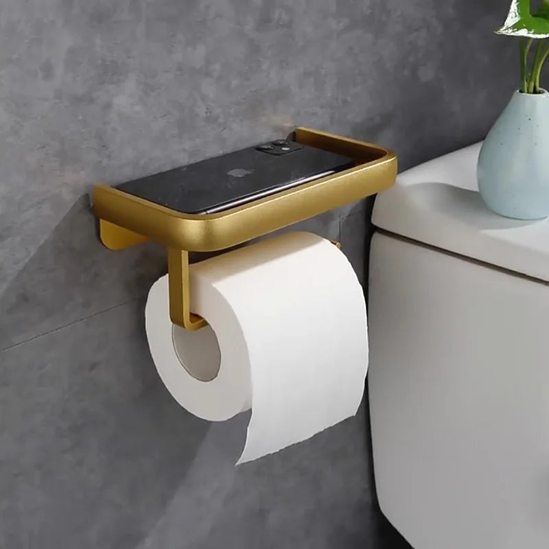 Punch Free Metal Toilet Paper Towel Roll Holder with Storage, Wall Mounted Toilet Paper Stand Tissue Holder  Toilet Accessories