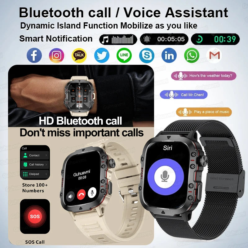 Rugged Military Black Smart Watch 2.01 Inch Screen Bluetooth Call Voice Assistant Watches Sports Fitness Waterproof Smartwatch