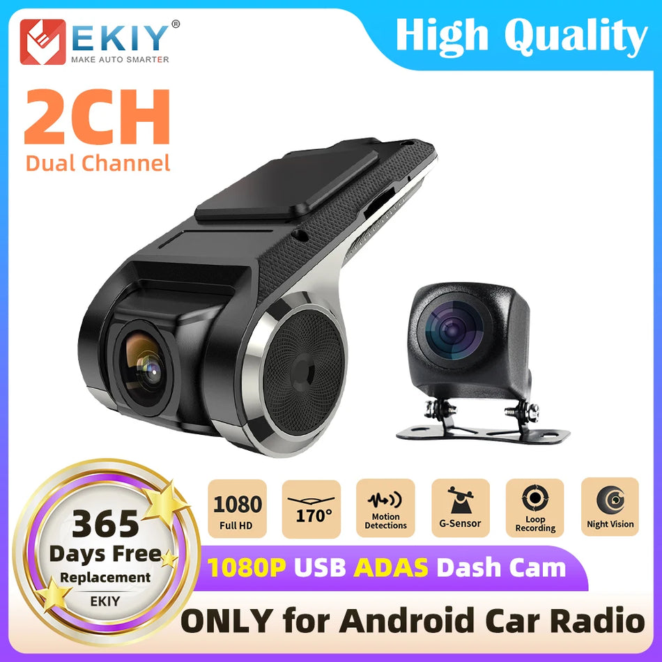 EKIY D4 Dash Cam 2 Channel Full HD 1080P Car DVR USB ADAS Video Recorder Night Vision Front & Back Camera For Android Car Radio