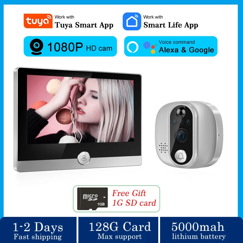 Tuya Smart Home Security 2.4G WiFi Door Peephole Magic Door Eye Camera 1080P Digital Door Viewer 5000mah Wireless Video DoorBell