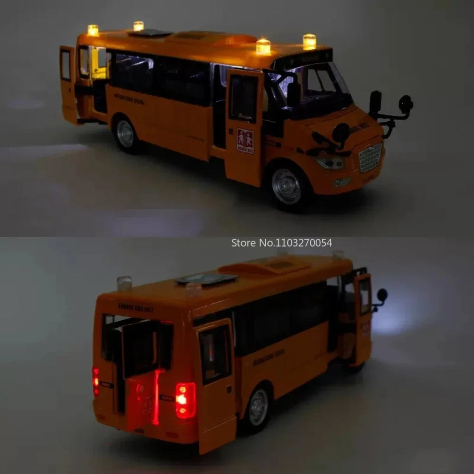 1/32 American School Bus Alloy Toy Car Model Diecast Metal Bus Vehicle Collection Sound Light 5 Door Open Kids Educational Gifts