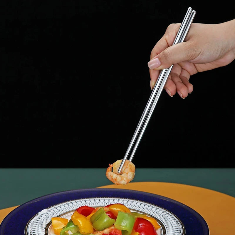 🟠 1/2/5 Pairs Chinese Chopsticks Stainless Steel Non-slip Sushi Chopstick Korean Japanese Food Metal Sticks Kitchen Tableware Set