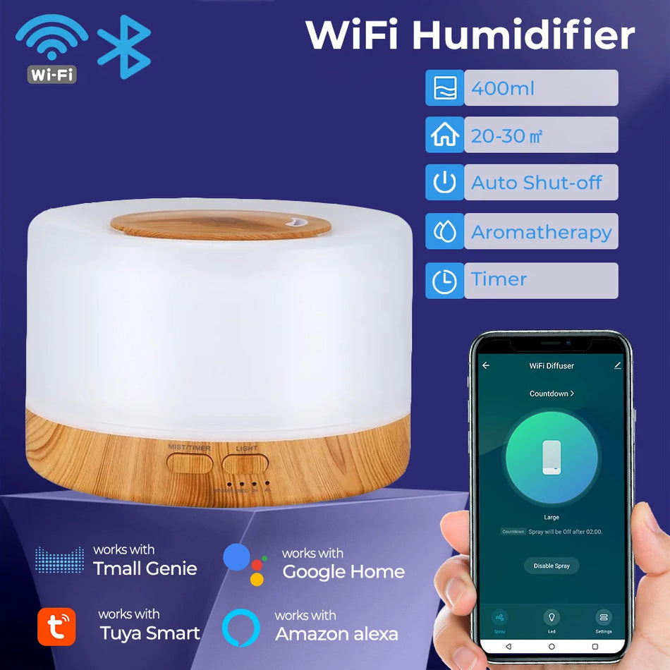 Tuya WiFi Smart Home Humidifier Essential Aroma Oil Diffuser Ultrasonic 500ml Wood Grain Air Humidifier Mist Maker LED Light