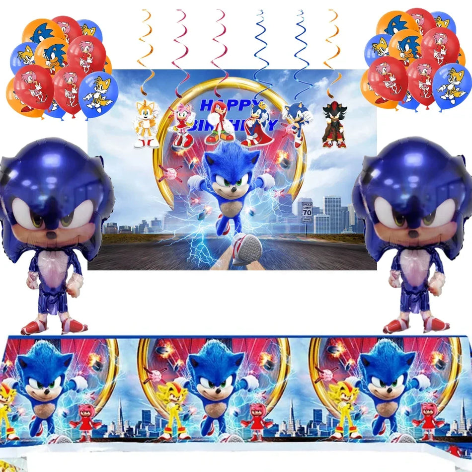 🟠 Sonic Children Birthday Party Decor 5th 6th Number Balloons Set Backdrop Paper Cup Plate Straw Kids Gifts Pennant Baby Shower