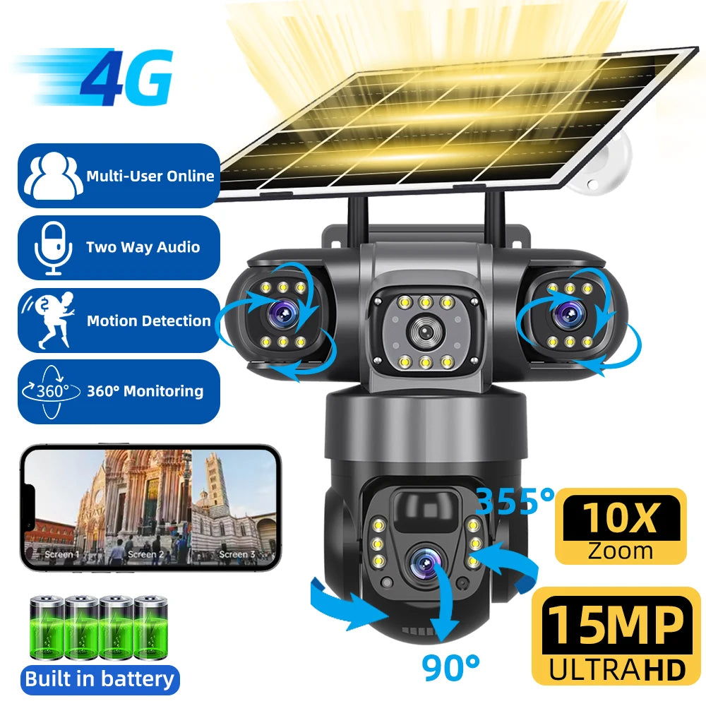 V380 Pro 15MP 6K Triple Lens Solar CCTV Camera with 10X Zoom