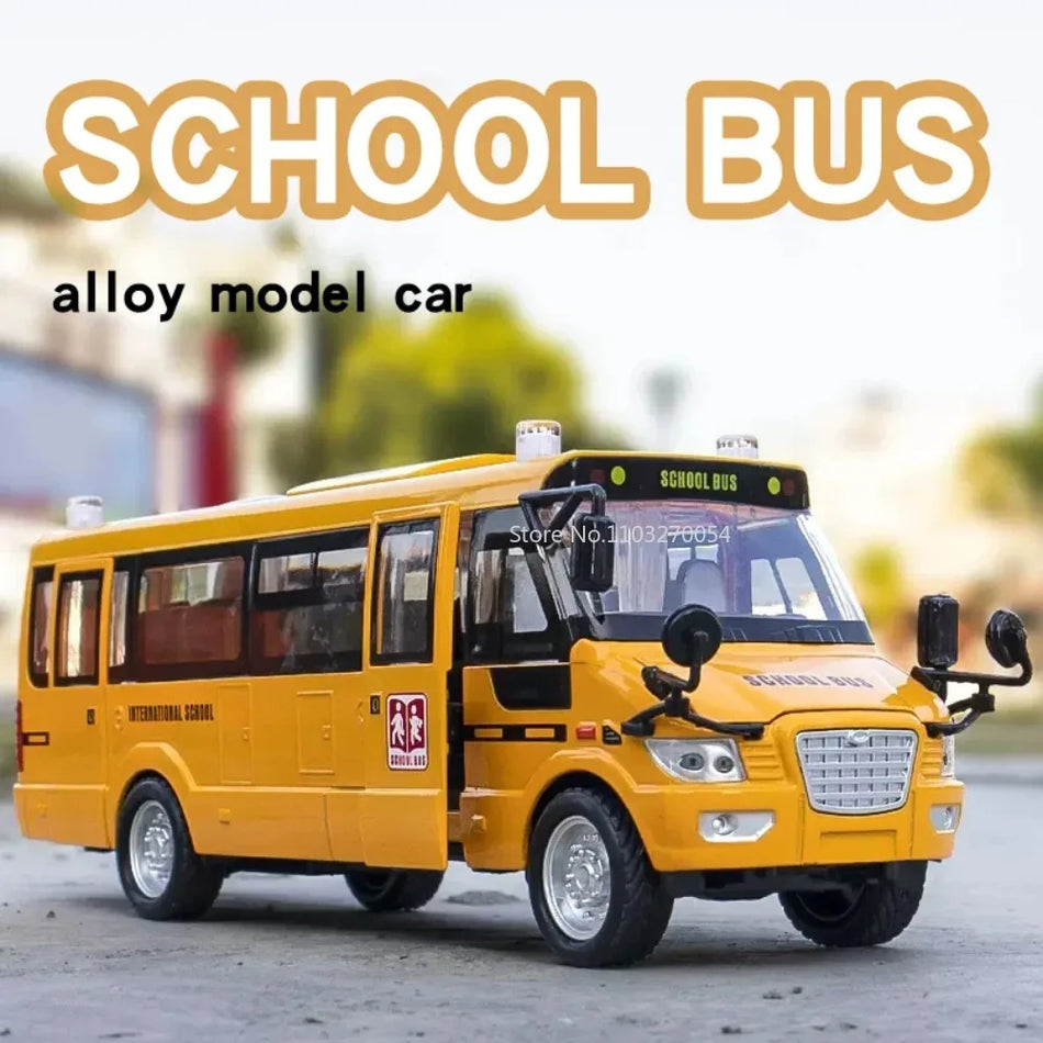 1/32 American School Bus Alloy Toy Car Model Diecast Metal Bus Vehicle Collection Sound Light 5 Door Open Kids Educational Gifts