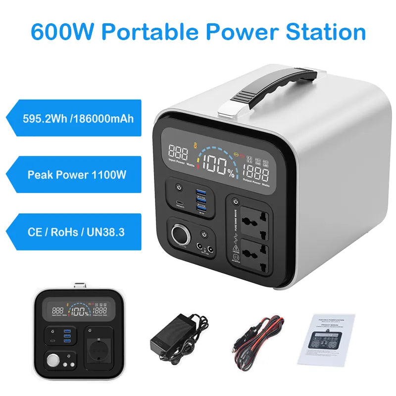 🟠 Outdoor Camping Portable Power Station 600W with100W Solar Panel, lifepo4 battery, Pure Sine Wave, Free Tax
