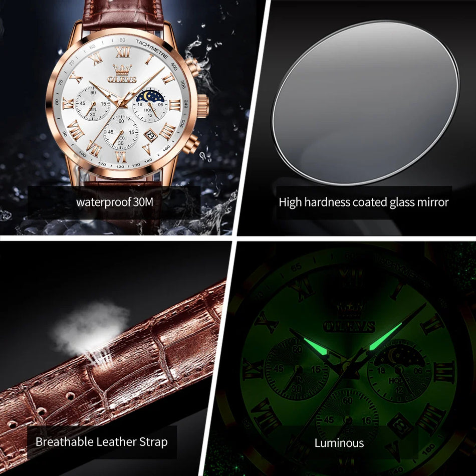 🟠 OLEVS Luxury Quartz Watch for Men Business Waterproof Sport Male Watches Leather Strap Moon Phase Wristwatch Relogios Masculino