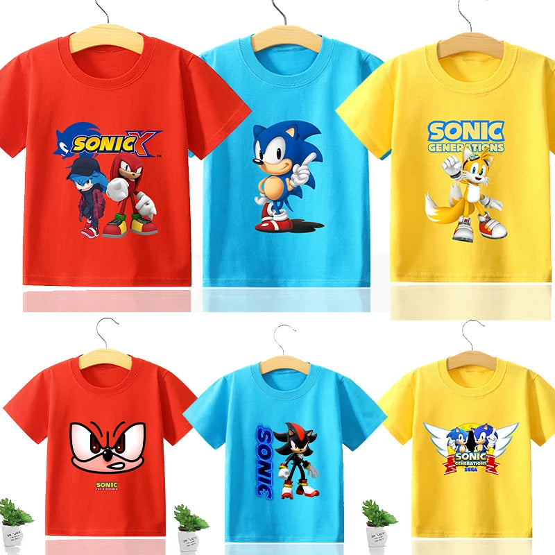🟠 Sonics Summer T-shirt Kid Boy GirlsTees Clothes Cartoon Figure Print Shorts Children Short Sleeve Tops Men Women Clothes Gift