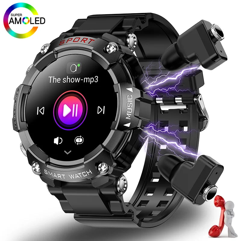 2023 New Blood Oxygen Blood Pressure Bluetooth Headset 2-in-1 Call Real-Time Heart Rate Temperature Monitoring Men's Smart Watch