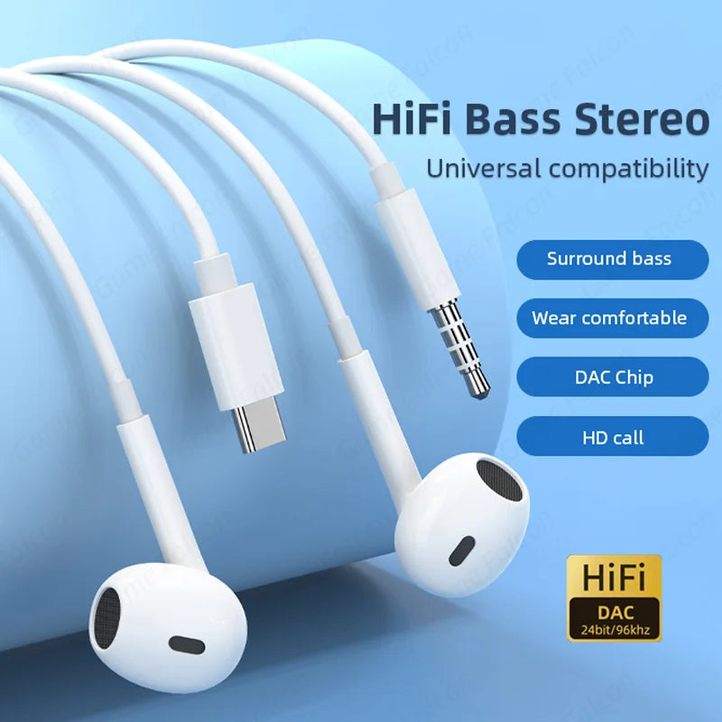 Half-In-Ear Wired Headphones HiFi Music Earbud Handfree Earphone Type-C 3.5mm With Mic For Android Samsung Xiaomi Tablet Laptops