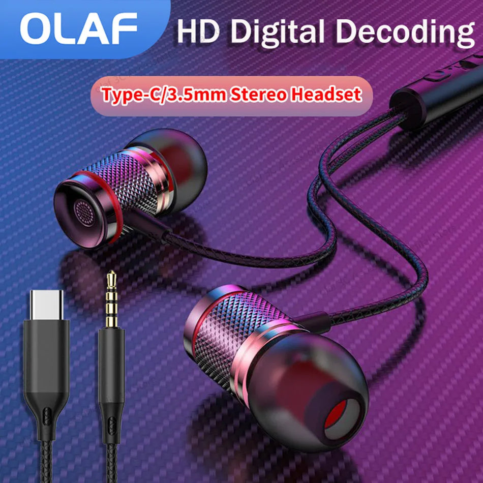 🟠 OLAF Wired Headphones DAC Type-C 3.5mm Headset 9D Bass Stereo Earbuds In-Ear Handsfree Earphones For Samsung S20 S10 Xiaomi POCO
