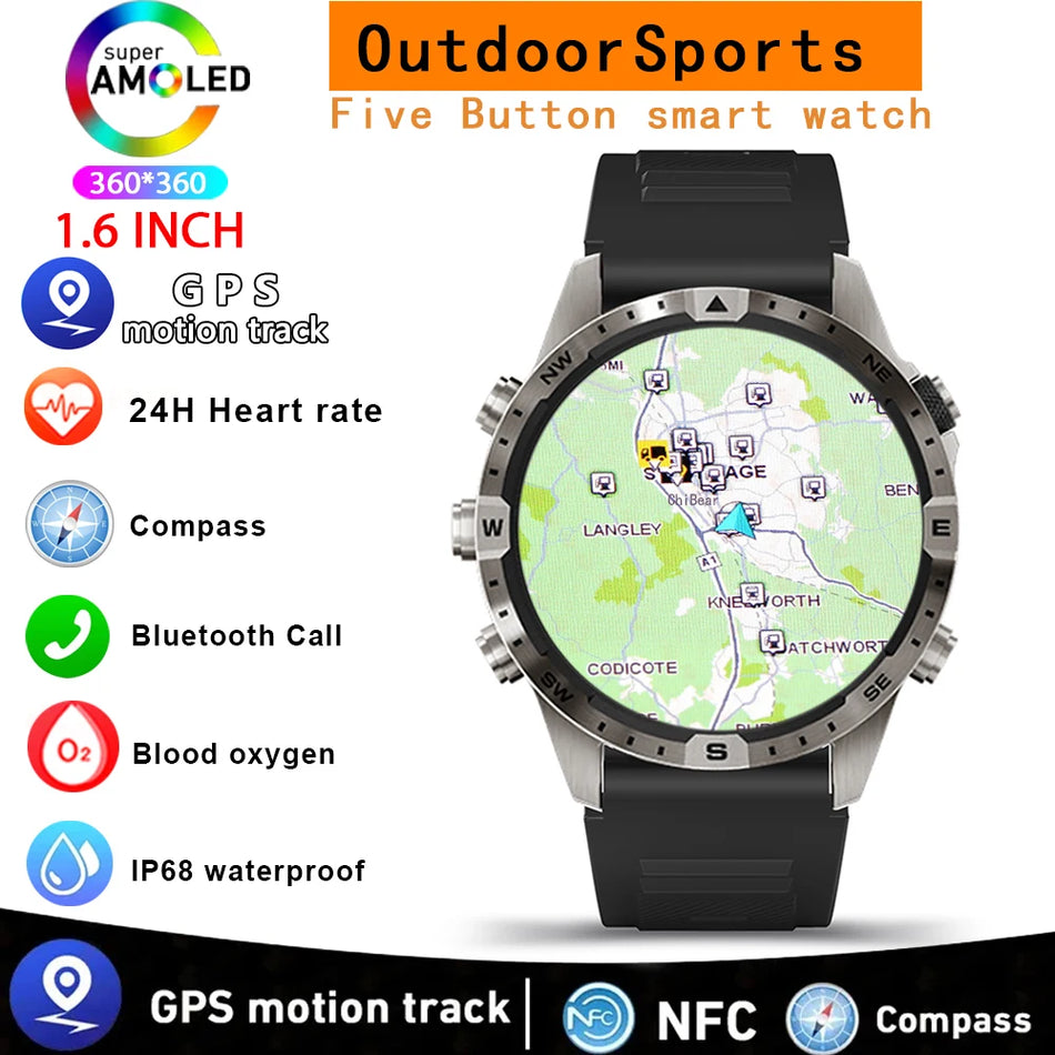 🟠 Outdoors Compass Smart Watch Men GPS Tracker 5keys 1.6 Inch AMOLED 360*360 HD Screen Bluetooth Call SmartWatch For Android IOS