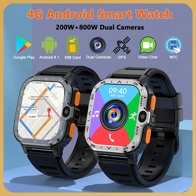 4G Network SIM Card Smart Watch 2.03 inch GPS WIFI NFC Dual Camera Rugged 64G ROM Storage Google Play IP67 Android Smartwatch