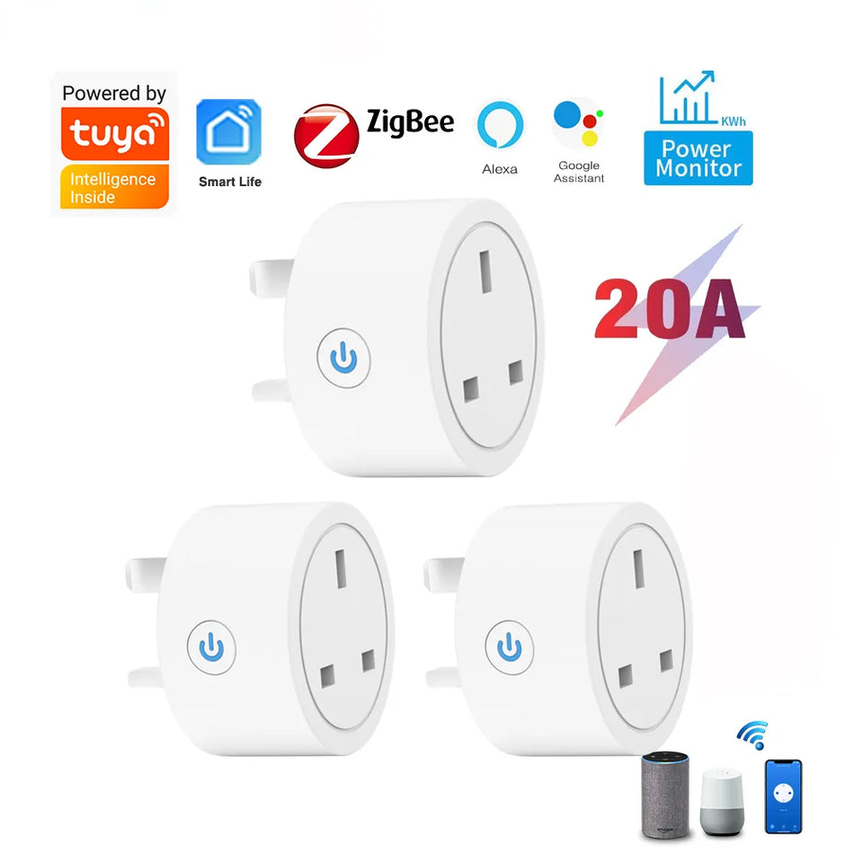 20A Tuya Zigbee Smart Socket UK Plug Adapter Power monitoring with Zigbee Hub for Intelligent Control Support Google Home Alexa