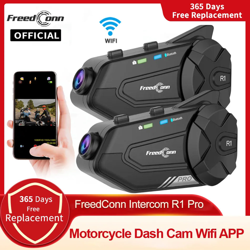 Freedconn R1 Pro Bluetooth Motorcycle Intercom Helmet Headset Group Speaker Headphone WiFi App Motorbike Dash Cam Moto Auto Dvr