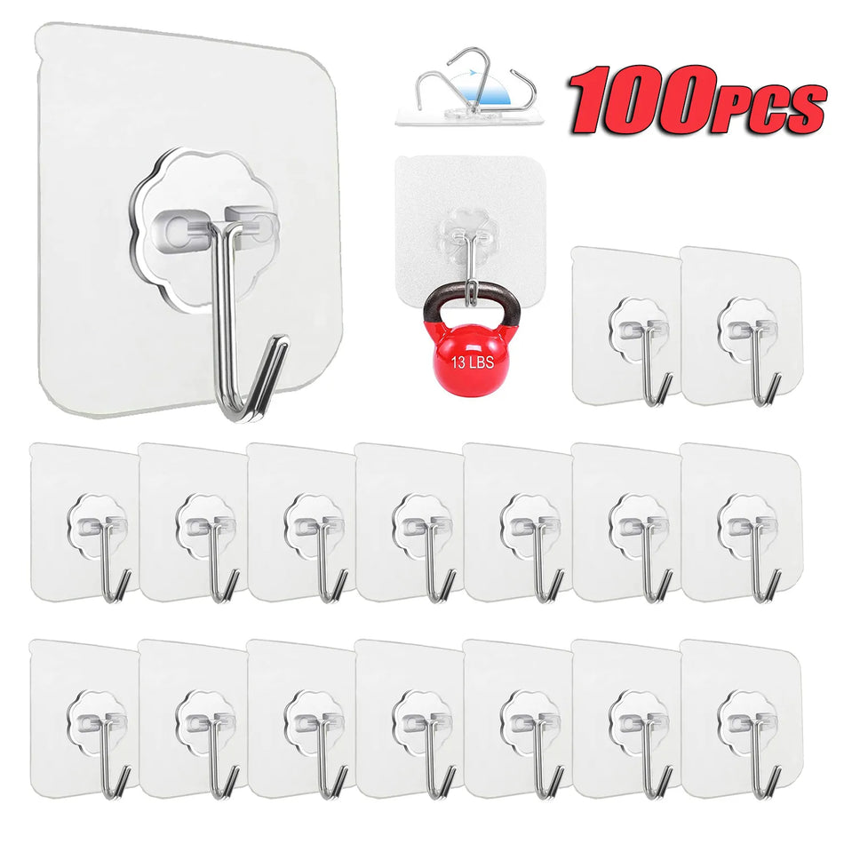 100PCS Transparent Stainless Steel Self-Adhesive Hooks Bathroom Towel Clothes Storage Sticker Hooks Key Hangers Storage
