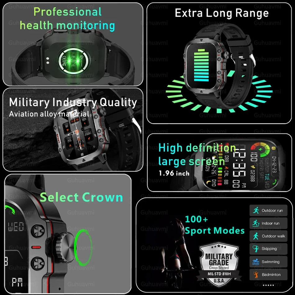 New Rugged Military Outdoor Men's Smartwatch Bluetooth Call Sport Heart Rate Health IP68Waterproof Smart Watches For Android IOS