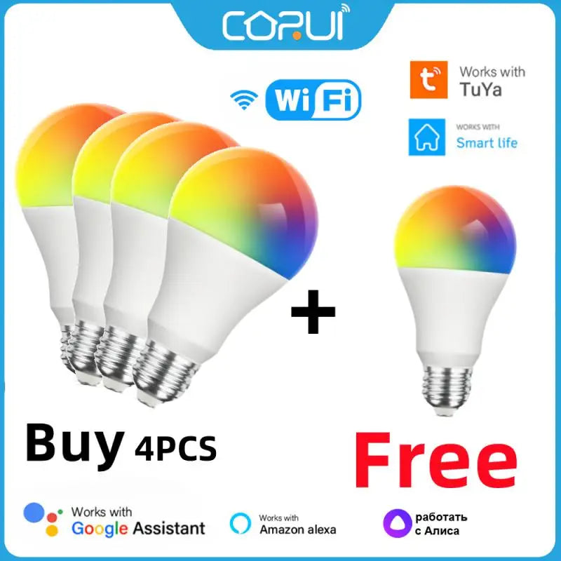 CORUI Tuya WIFI Smart Light Bulbs E27 15W RGBCW LED Dimmable Magic Bulbs Alexa Google Home Alice Voice Lamp For Smart Life