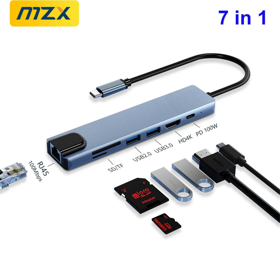 MZX 7 in 1 Docking Station Type C USB Hub Splitter 3 0 2.0 3.0 Concentrator Adapter Dock Extensior to HDMI-Compatible Laptop PC
