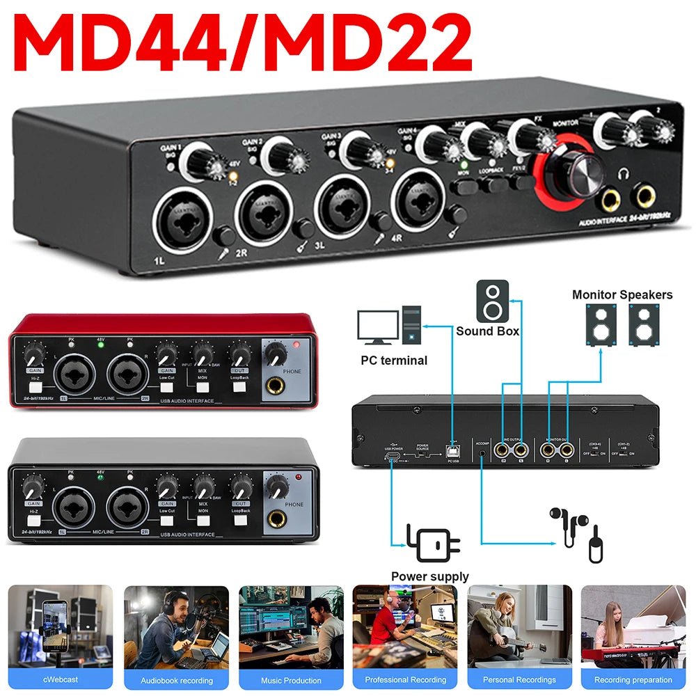 Interfaz de audio MD22 MD44 tarjeta de sonido de estudio mesa de