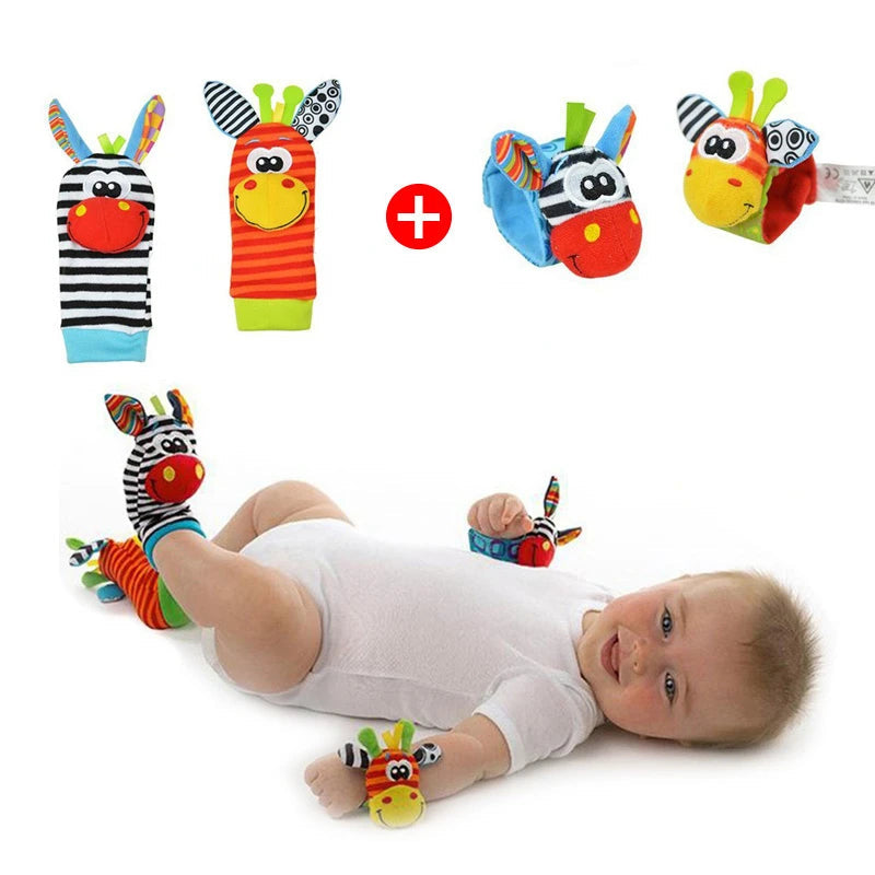 0~24 Months Baby Rattles Soft Plush Toys Foot Wrist Rattle Set Cartoon Newborn Development Educational Toys For Children Giraffe 4PCS