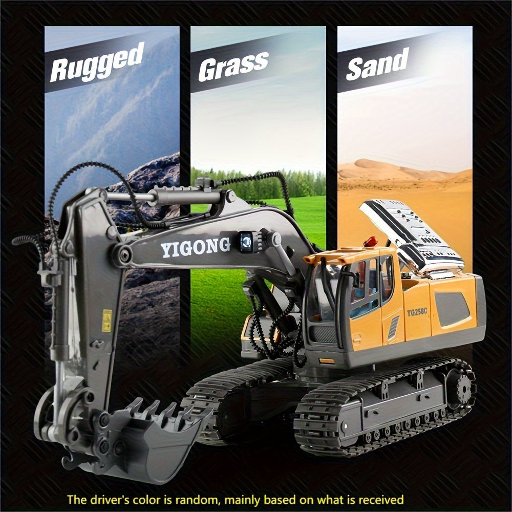 11 Channel RC Excavator Toy with Metal Shovel, Remote Control Bulldozer Vehicles - Gift with Light and Sound