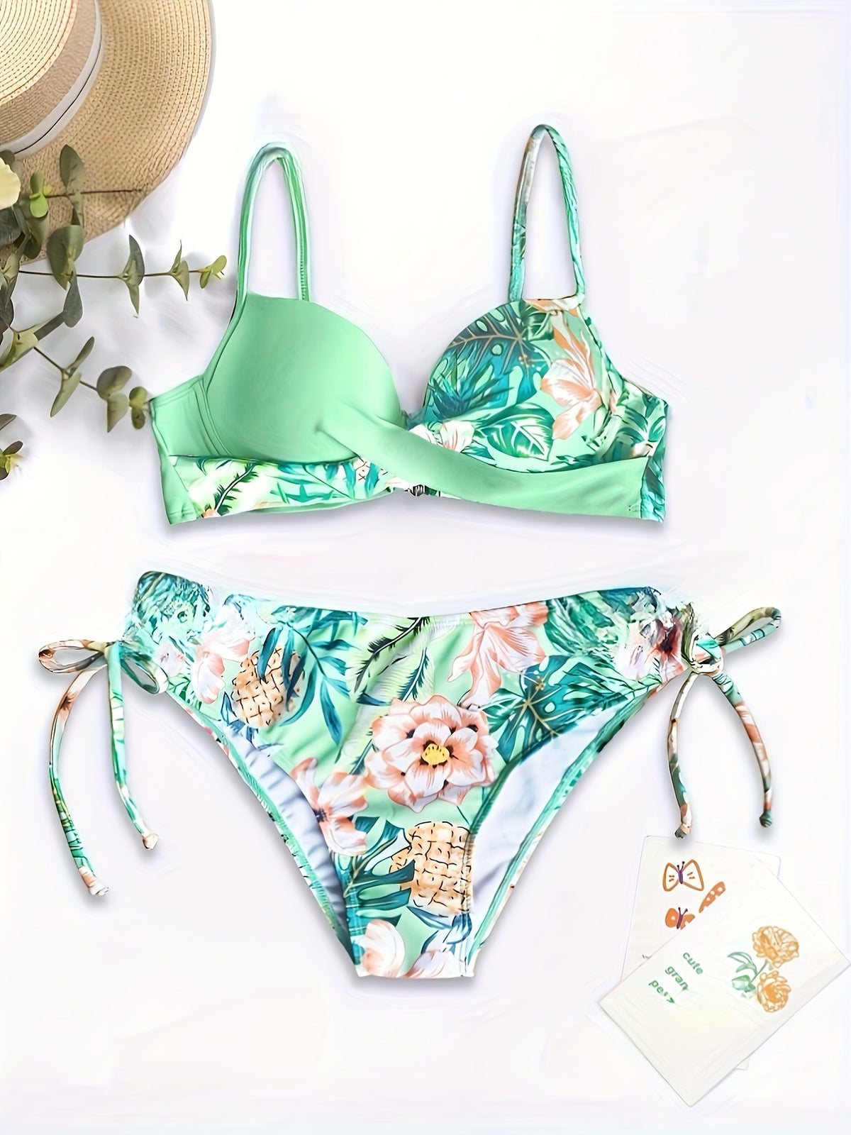 Tropical Print Underwire Bikini Set with Cross-Back Design