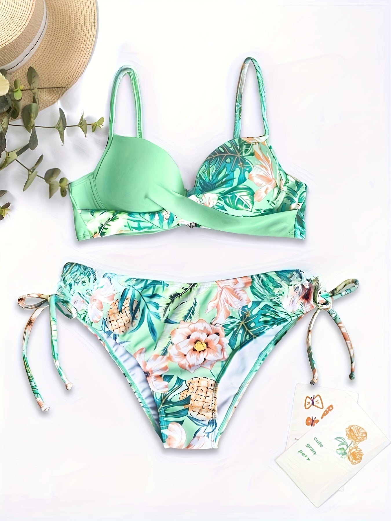 Tropical Print Underwire Bikini Set with Cross-Back Design